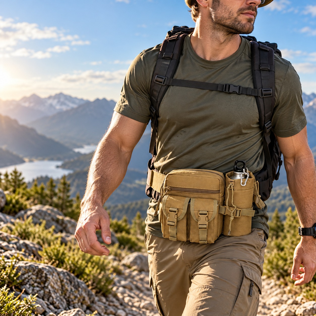 Hiking Backpack Waterproof - กระเป๋าคาดเอวอเนกประสงค์แบบยุทธวิธี กันน้ำ พร้อมช่องใส่กระติกน้ำ สำหรับกิจกรรมกลางแจ้ง แคมป์ปิ้ง เดินป่า